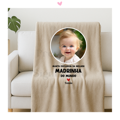 Manta bege com foto de bebé e texto personalizado para madrinha com nome Tomás.