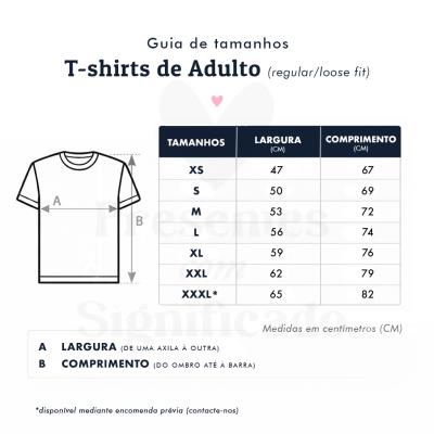 Guia de tamanhos de T-shirts para adultos com tabela de medidas em centímetros para largura e comprimento.