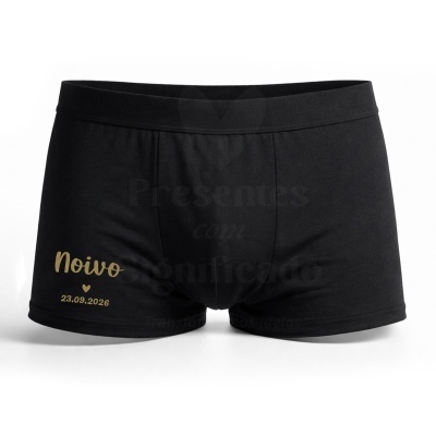 Cuecas boxer pretas com impressão Noivo 23.09.2026 em dourado