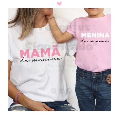 T-shirts para mãe e filha com textos em rosa, branco e preto