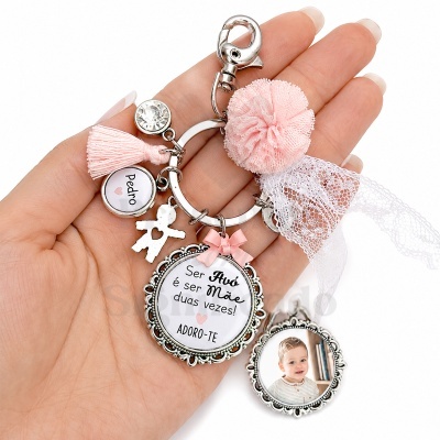 Chaveiro prateado com tecido rosa, renda branca, pendentes com texto e foto de bebé