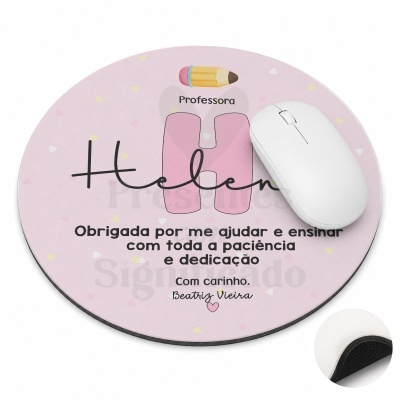 Tapete de rato redondo rosa com desenho e texto para professora
