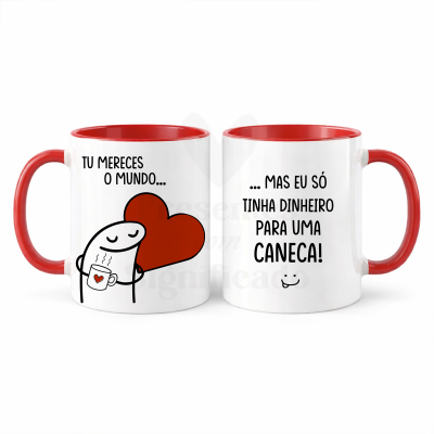 Canecas brancas com interiores e pegas vermelhas com texto e desenho de coração e figura a segurar caneca.