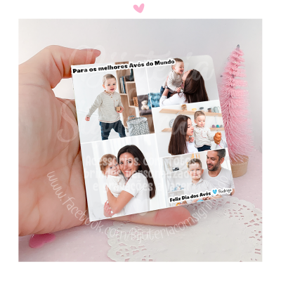 Moldura personalizada com fotos e texto para o Dia dos Avós com fundo rosa e decoração