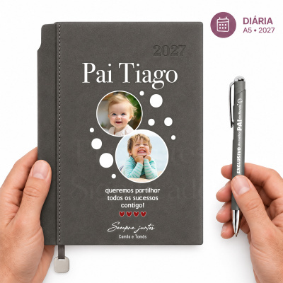 Agenda diária 2027 A5 cinza escuro personalizada com fotos de crianças e texto dedicado ao Pai
