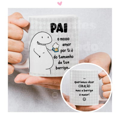 Caneca branca com ilustração e texto em português sobre amor pelo pai