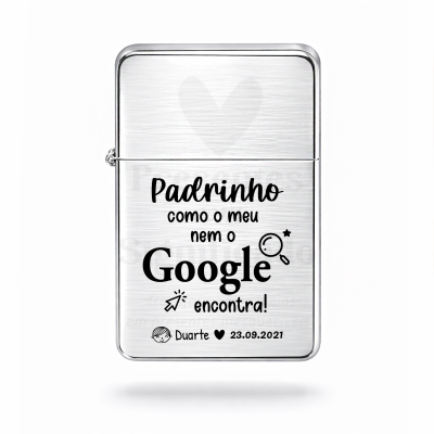 Isqueiro metálico prateado com gravação preta e data 23.09.2021.