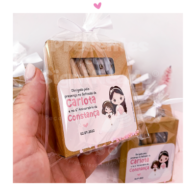 Embalagem de lápis com etiqueta de agradecimento para batizado e aniversário