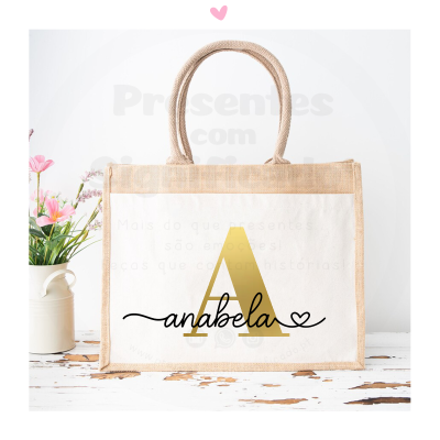 Saco de compras personalizado com letra A dourada e nome anabela