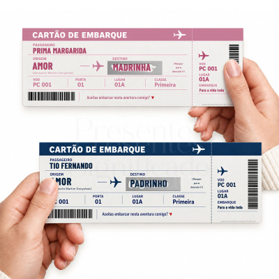 Cartões de embarque rosa e azul com informações personalizadas para PRIMA MARGARIDA e TIO FERNANDO.