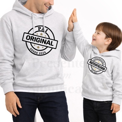 Sweatshirts cinza com textos relacionados a pai e filho, adulto e criança a dar high five.
