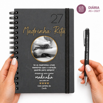 Agenda preta personalizada com texto e fotografia, caneta preta correspondente