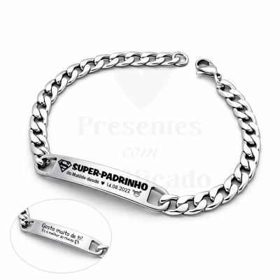 Pulseira metálica prateada com gravação SUPER-PADRINHO da Matilde desde 14.08.2022.