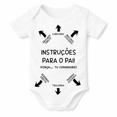 Body branco para bebé com instruções para o pai em texto preto