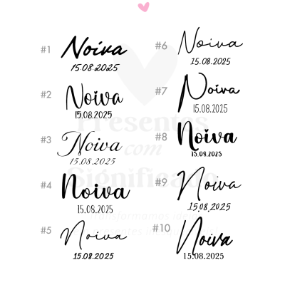 Dez estilos diferentes da palavra 'Noiva' com a data 15.08.2025 em várias fontes pretas