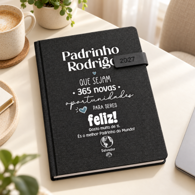 Agenda preta personalizada para padrinho com texto e fecho com ano 2027 sobre mesa clara, ao lado de caneca de café, planta e portátil.