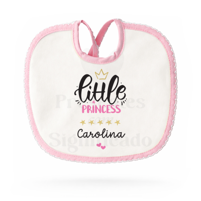 Babete branco com bordas cor-de-rosa e texto personalizado Little Princess Carolina