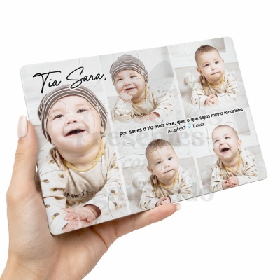 Quebra-cabeças personalizado com fotos de bebé e texto convite para madrinha