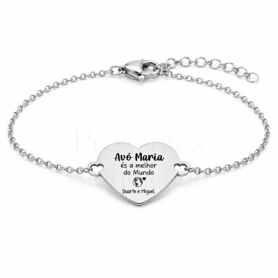 Pulseira em aço inoxidável com pendente em forma de coração e gravação personalizada