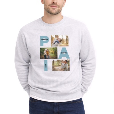 Sweatshirt cinza claro com estampado personalizado de fotos e texto