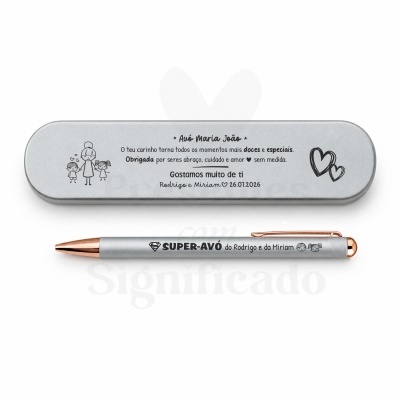 Estojo metálico cinzento com caneta prata personalizada para avó