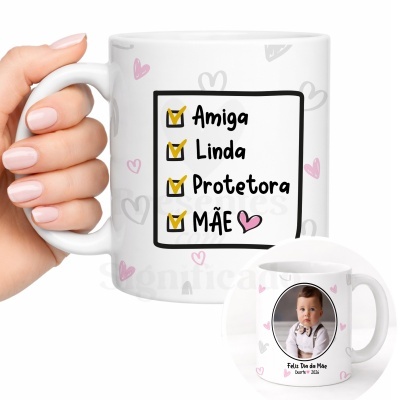 Caneca branca com texto e foto de bebé para o Dia da Mãe