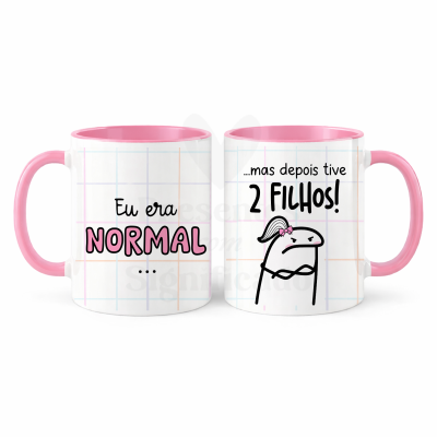Caneca branca com interior e pega rosa com texto e desenho humorístico sobre filhos