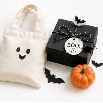 Mala branca com fantasma, caixa preta BOO! com laço, morcegos de papel e mini abóbora.