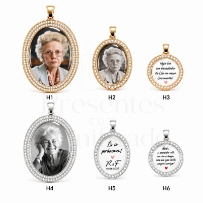 Seis pendentes ovais com fotos e frases em molduras decoradas com pedras
