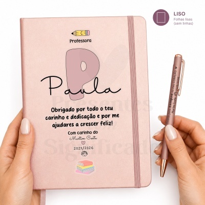Caderno rosa personalizado para professora com texto de agradecimento e caneta rosa personalizada