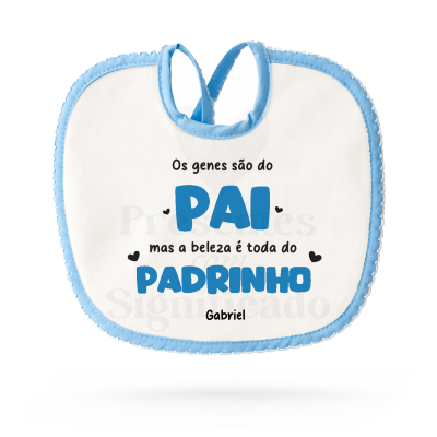 Babete branco com borda azul e texto impresso em preto e azul