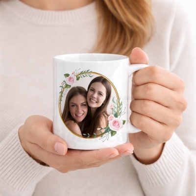 Caneca branca com fotografia de duas mulheres e moldura floral