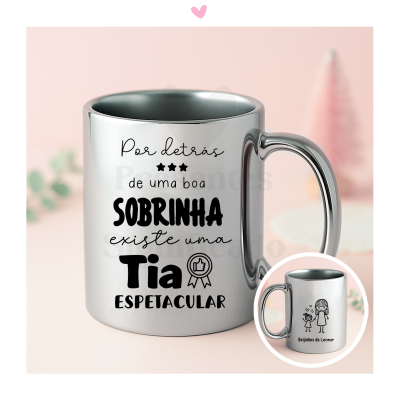 Caneca metálica prateada com texto em português e ilustrações simples em preto