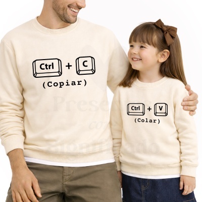 Sweatshirts bege de adulto e criança com estampas de teclas Ctrl+C Copiar e Ctrl+V Colar
