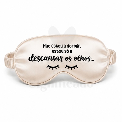 Máscara de dormir creme com texto preto e desenho de pestanas