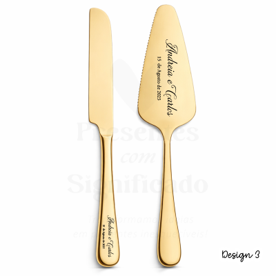 Conjunto dourado de faca e espátula para bolo com gravações