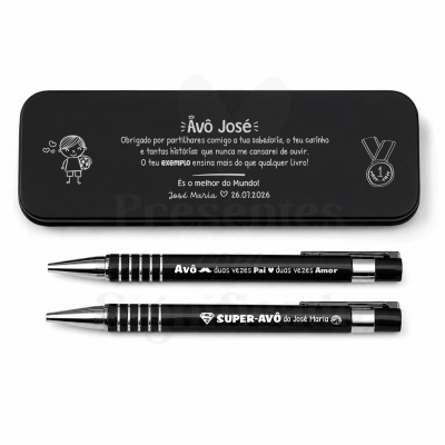 Estojo preto com mensagem para avô e duas canetas pretas com mensagens personalizadas
