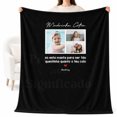 Manta preta personalizada com fotos e texto em branco e vermelho