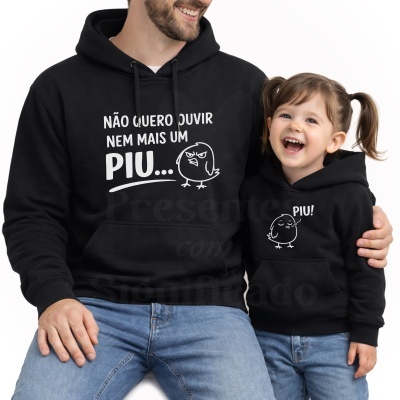 Sweatshirts pretas com texto e desenhos de pássaros para adulto e criança.
