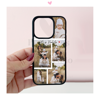 Capa de telemóvel personalizada com fotos de família e texto My Family