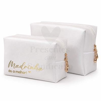 Conjunto de duas necessaires brancas com frase dourada