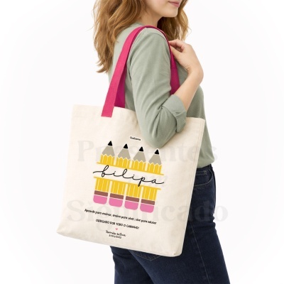 Mala tote de tecido com ilustração de lápis e texto personalizado