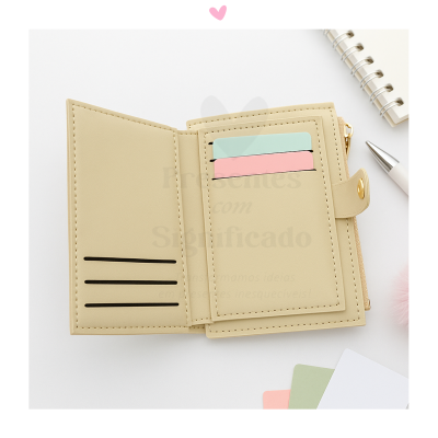 Carteira bege aberta com cartões coloridos e acessórios ao redor