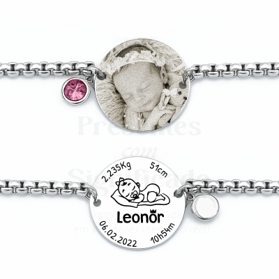 Pulseira personalizada com foto e gravura de bebé, com texto e pedra rosa