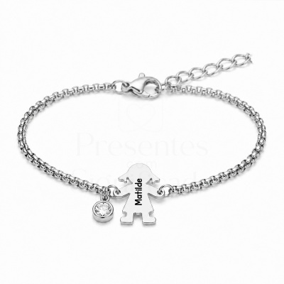 Pulseira de metal prateado com pendente menina e nome Matilde