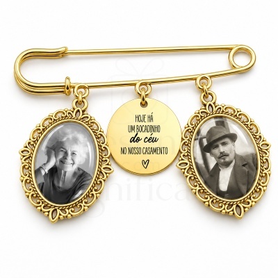 Alfinete de ouro com fotos e pendente redondo com texto para casamento