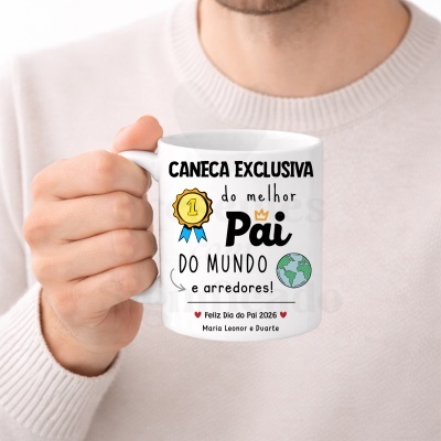 Caneca branca com texto personalizado para o Dia do Pai em português.