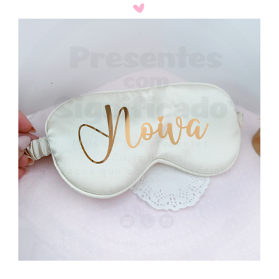 Máscara de dormir branca com texto dourado 'Noiva'
