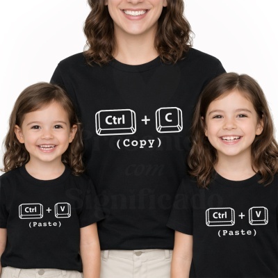 Três pessoas com t-shirts pretas com comandos de teclado Ctrl+C e Ctrl+V em fundo branco.