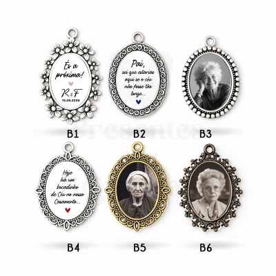 Seis medalhões ovais decorativos com fotos a preto e branco e textos em português